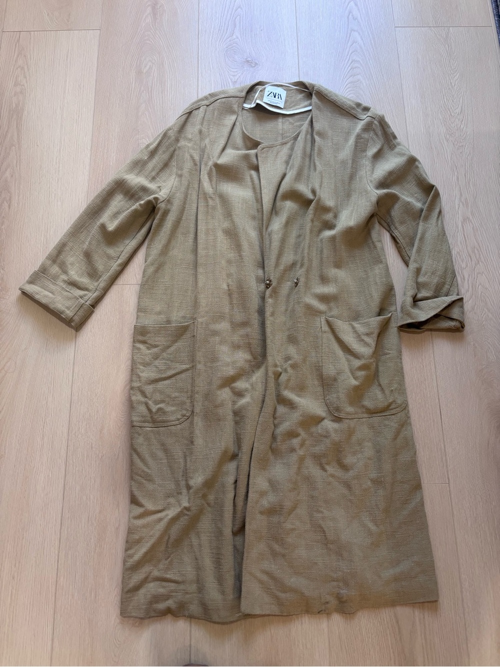 ZARA Lightweight Open Front Long Cardigan in Tan